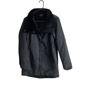 Eileen Fisher Black Coat Small Mid Length Snap Front Plush Collar Pocket